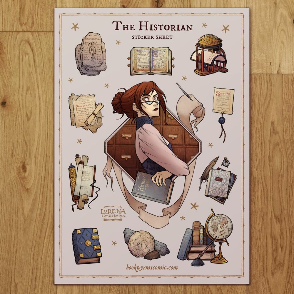 A sheet of stickers containinig the Historian portrait and: scrolls, illuminated manuscrips, a writing ball, books, clay tablets with runes aa globe, quills and inkers.
