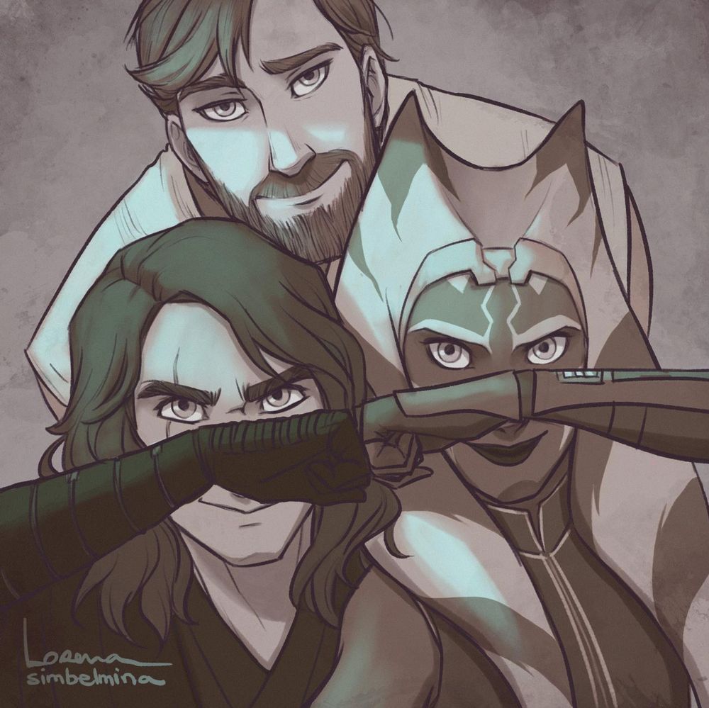 Ahsoka taking a selfie of herself, Anakin and Obi. She and Ani are doing a fist bump, while Obi just stares half resigned, with a smile. Happy times. Sort of sepia colours and cyan light.