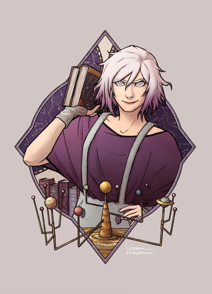 Portrait of Kveld, a bold, purple-dyed haired librarian who studies to become a cosmologist. She's looking straight ahead, determined, holding some books, with an orrery just before her and a celestial chart behind.