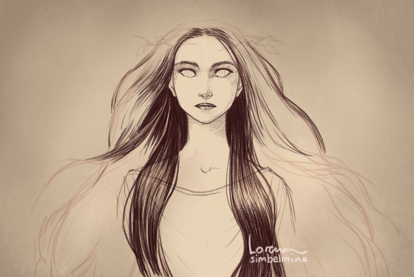 Sketchy, with unfinished lineart, portrait of Melian the Maia, staring mysteriously (or at least that was the intention). All in muted brown colours.