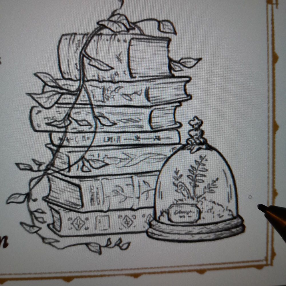 Photo of a digital drawing, with a tower of decorated books, a small bell with some ferns inside, and a branch falling over the books. All inked.
