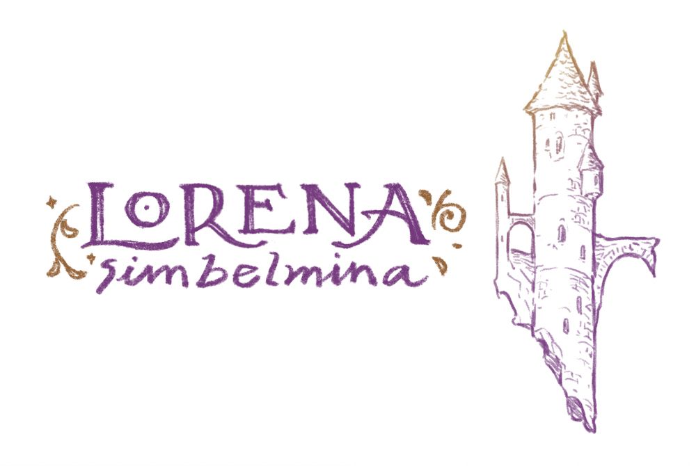 Logo image reads "Lorena Simbelmina". Next to it, the linework for a little tower illustration. All in purple-ocre shades.