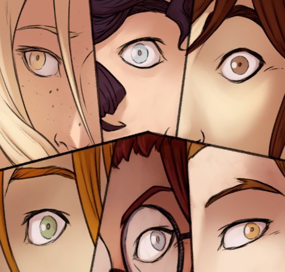 Split panel with close-ups to Suzzen, Rogier, Arabelia, Dylion, Merula and Thatch, where we can only see one eye for each of them, turning, surprised.
