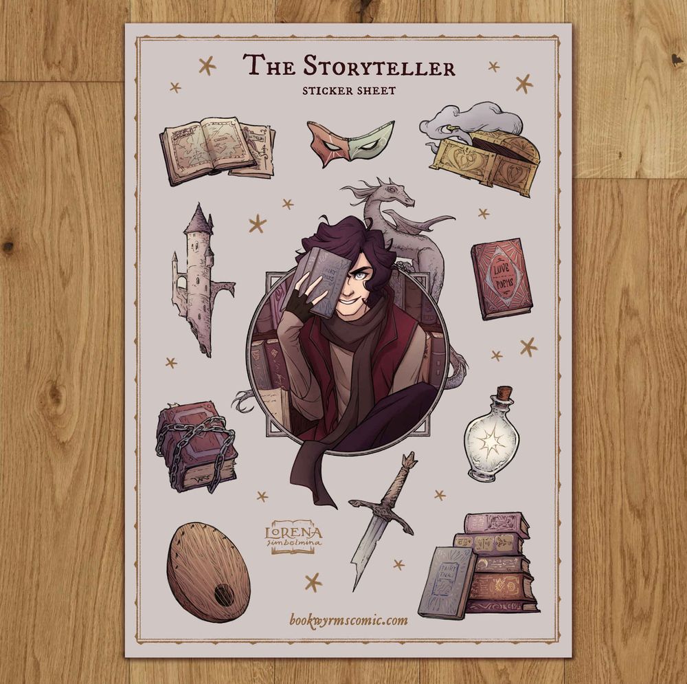 A sticker sheet containing Rogier's portrait in the centre, and 10 items surrounding it: an open book with a map, a mask, an opening chest, a poems book, a star/light in a bottle, a pile of fantasy books, a broken sword, a lyre harp, a chained book and a suspended tower.