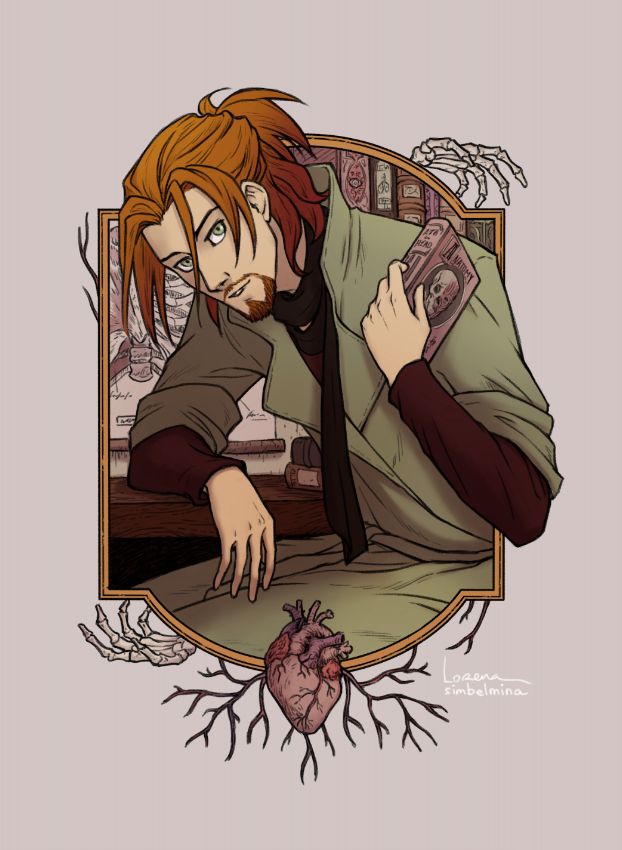 Portrait of Dylion Lyall, sitting at his desk, holding an Anatomy book, all framed and decorated with skeleton hands and a heart.
