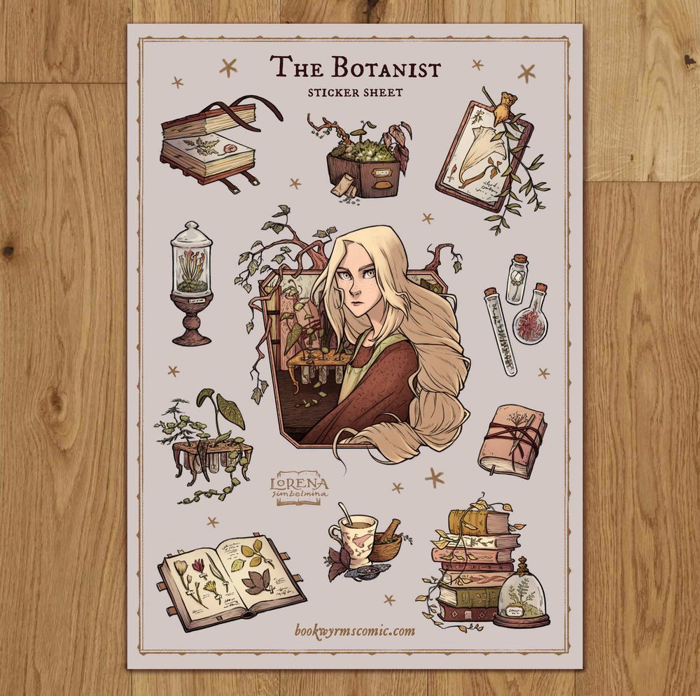 Sticker sheet including a portrait of Suzzen in the centre, a flower press, some journals, specimen jars and bottles, an open herbarium, tea, and a pile of books with a small fern inside a glass dome.