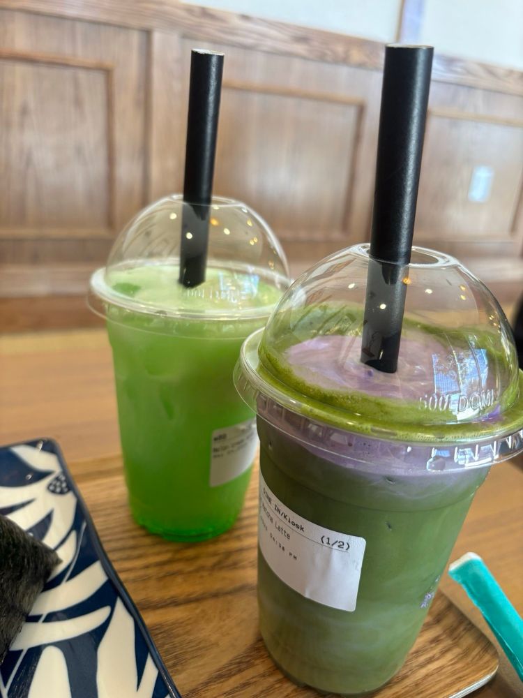 A melon soda float and an iced matcha latte with ube 