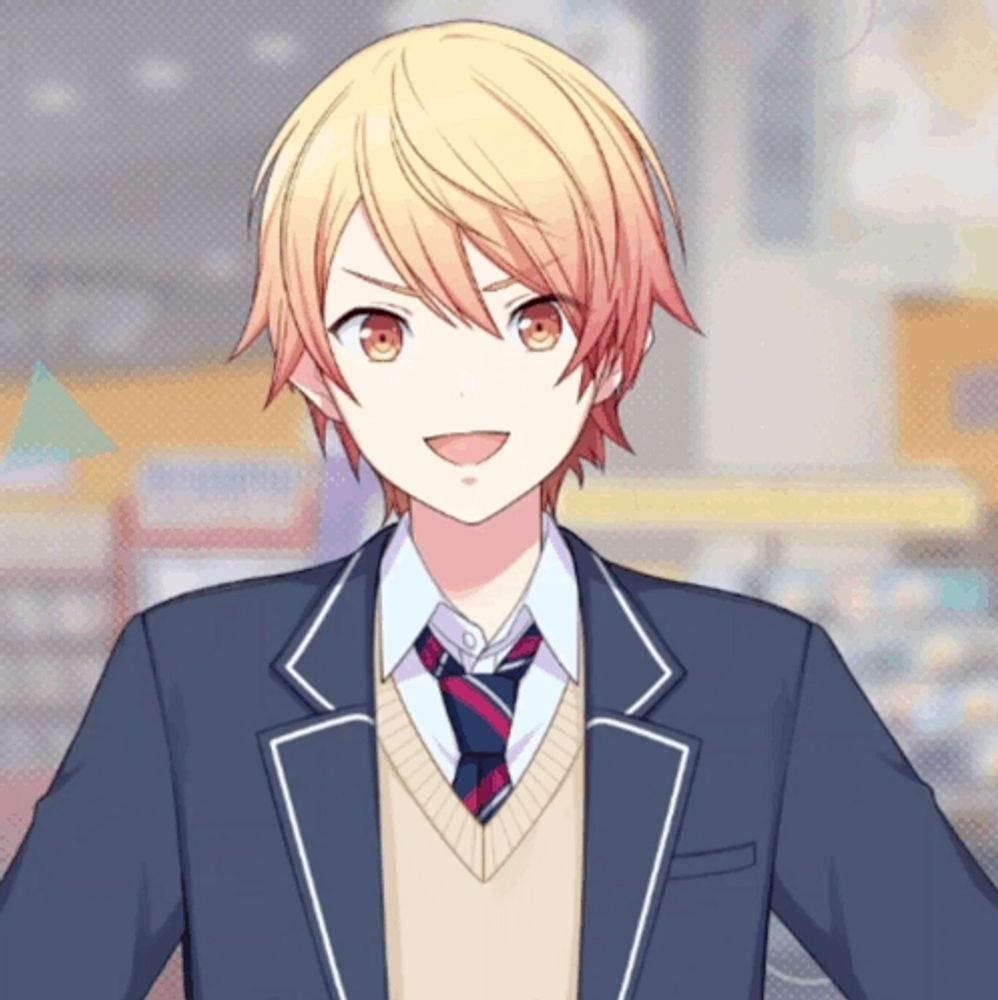 a boy with blonde hair and red eyes is wearing a school uniform and tie