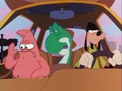 Patrick Star, Yoshi from Super Mario, and Goofy Goof, all riding in a car together. Goofy is driving, and everyone in the car is looking varying degrees of upset. 