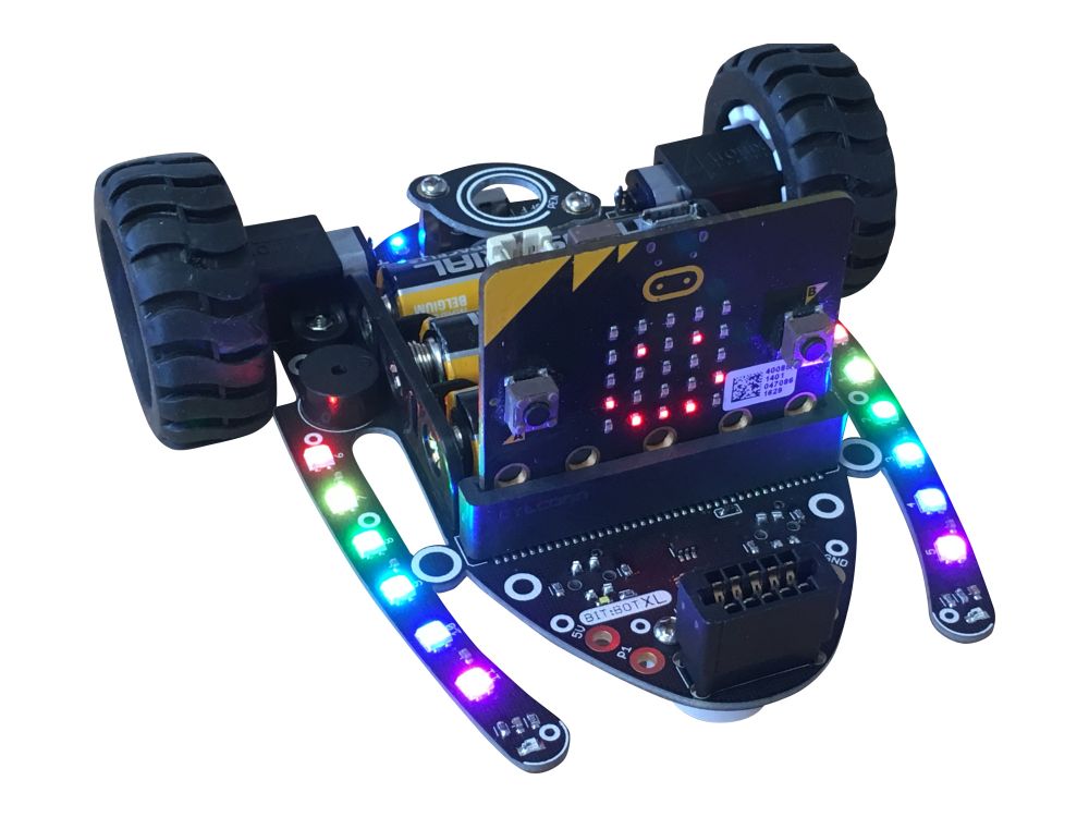 BitBot XL with Microbit. Includes light sensors, line following sensors, 12 RGB FireLeds, pen holder and a connector for Ultrasonic sensor, LED matrix, LED Face, OLED screen or other accessories