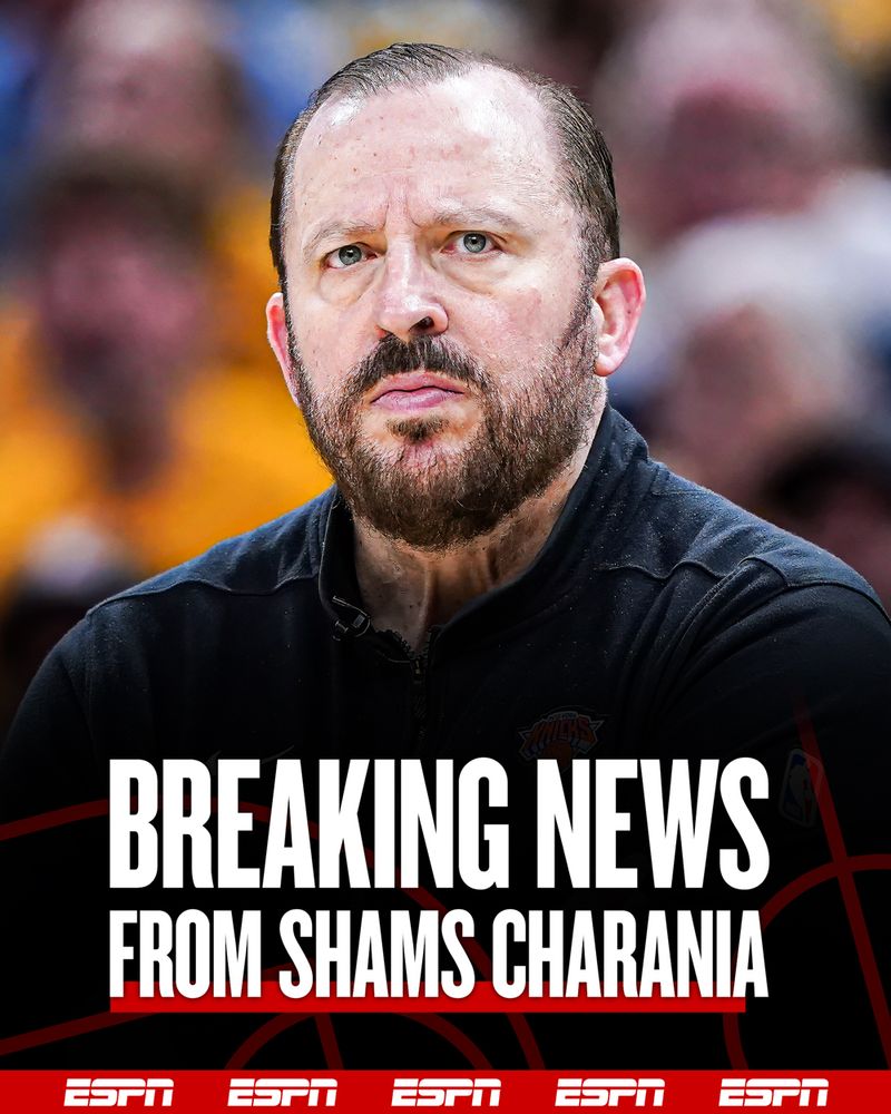 A breaking news graphic after Tom Thibodeau is out as head coach of the Knicks, sources tell Shams Charania.
