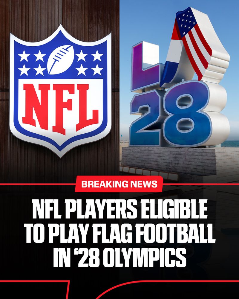 A breaking news graphic after NFL owners voted to allow players to participate in flag football at the 2028 Olympics