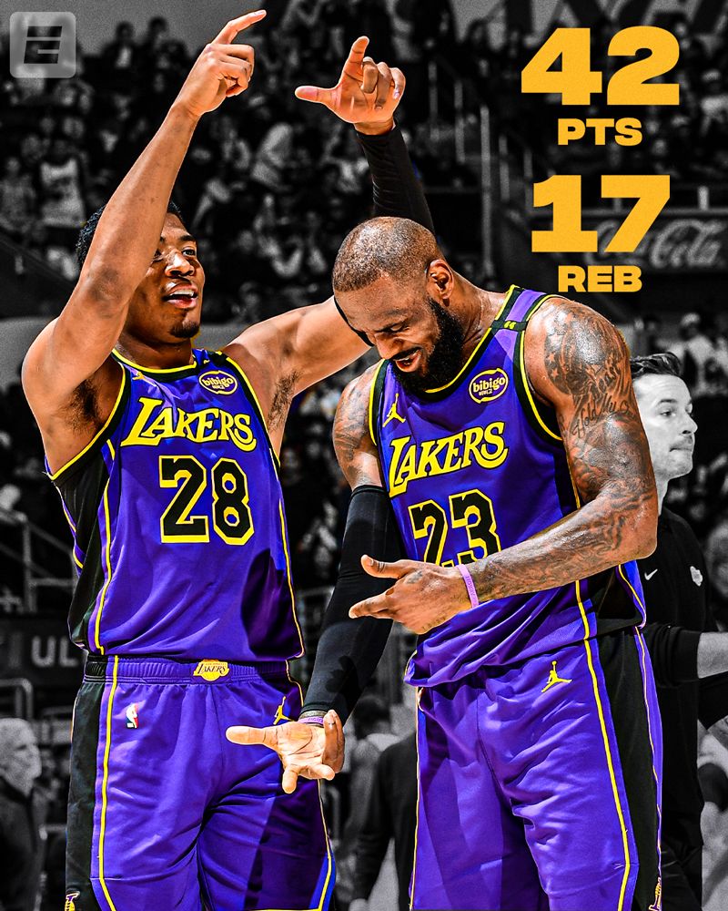 A graphic of Rui Hachimura placing a fake crown on LeBron James' head after James scored 42 points and had 17 rebounds against the Warriors