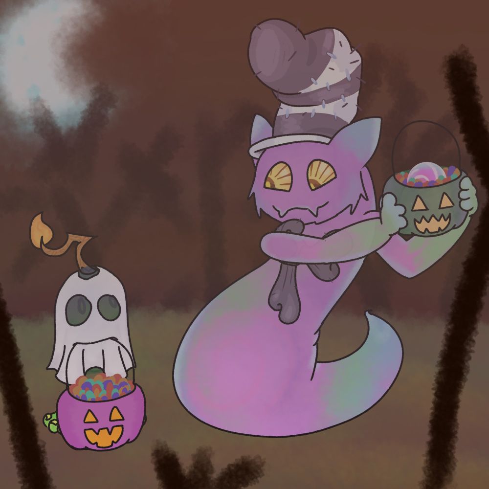 A Ghazt and Furcorn from my singing monsters. Ghazt is wearing their "Seus-spicous" costume, a tall black and white stripped hat with a black bow tie. Ghazt is holding up a green trick or treat pumpkin basket with both their hands next to his face. Inside, half of one of their orbs is inside, along with candy. Furcorn is to the left of Ghazt, wearing their "Spritely Sheet" costume, a cloth drapped over them with dark holes for ghost eyes. They are holding their purple trick or treat pumpkin basket with their mouth through the cloth, which is also holding candy inside. Both Ghazt and Furcorn are looking at each other. They are in a spooky field with just dead trees.
