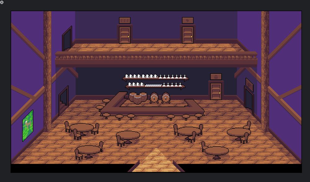 Tavern/Pub for my rpg video game, it has a picture of a majestic horse on the left hand wall and an upstairs area.