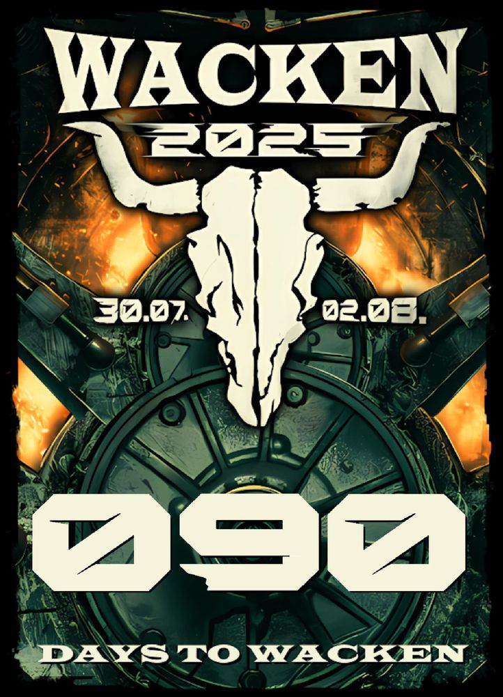 Das Logo des Wacken Open Air 2025, darunter in großer Schrift "90 days to Wacken."