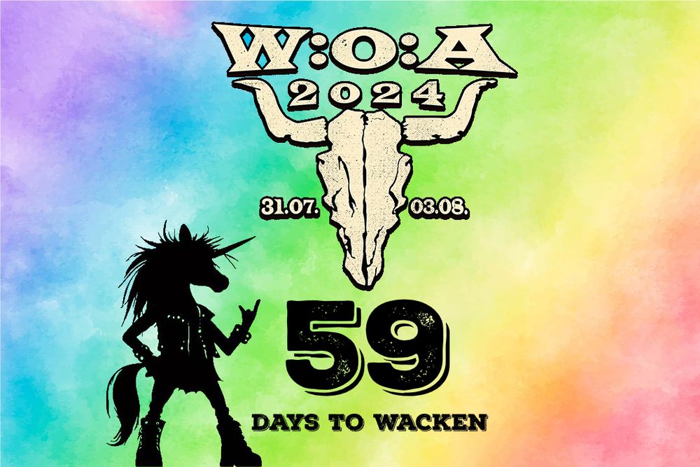 Das Logo des Wacken Open Air 2024 auf regenbogenfarbenem Hintergrund. Darunter das "Unicorns of Death"-Einhorn und der Schriftzug "59 DAYS TO WACKEN".
