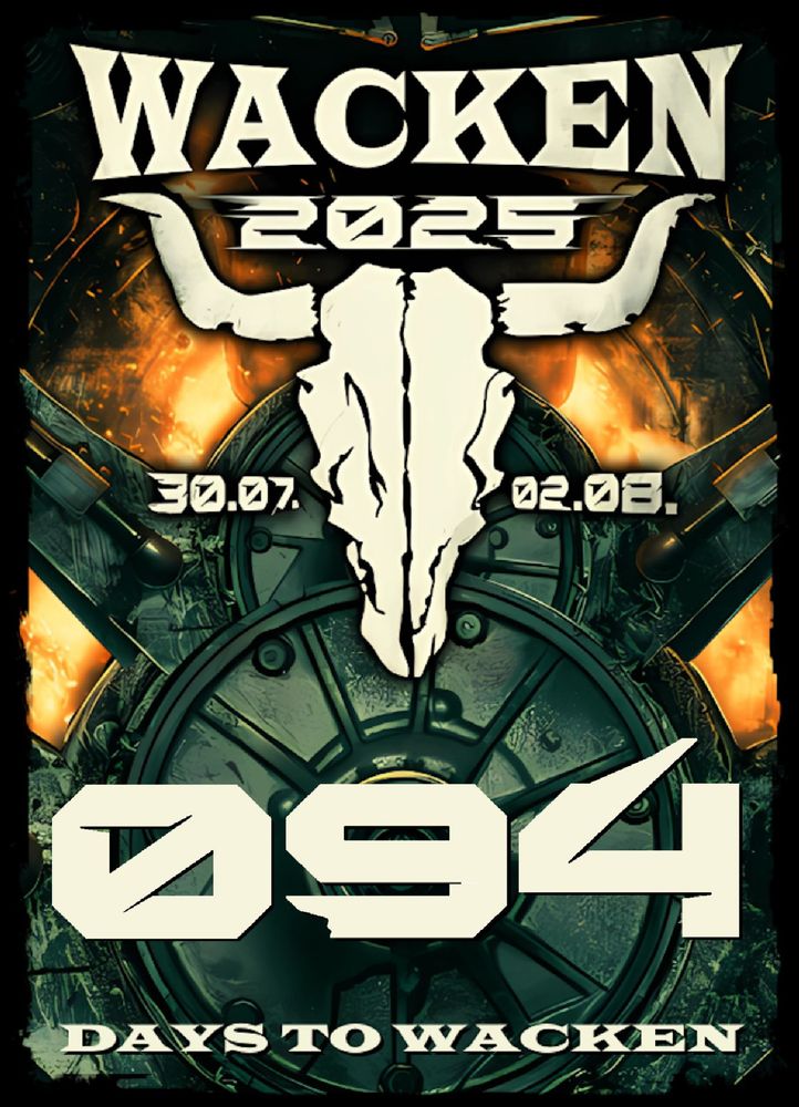 Das Logo des Wacken Open Air 2025, darunter in großer Schrift "94 days to Wacken."