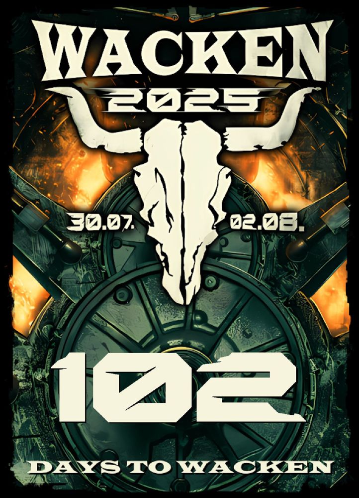 Das Logo des Wacken Open Air 2025, darunter in großer Schrift "102 days to Wacken."