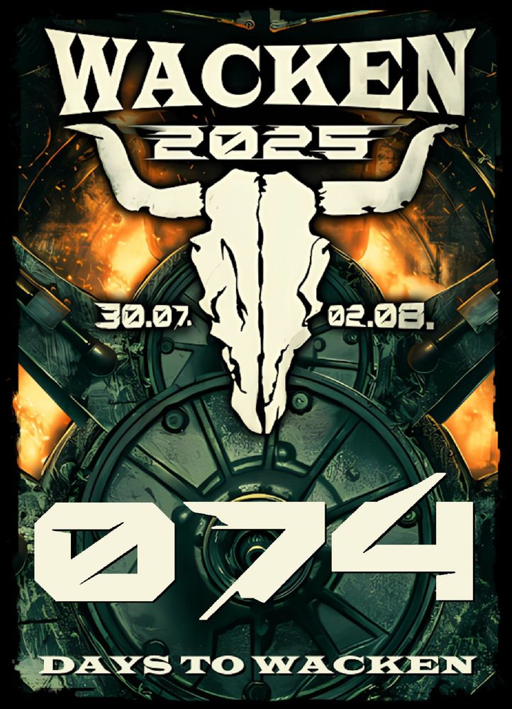 Das Logo des Wacken Open Air 2025, darunter in großer Schrift "74 days to Wacken."
