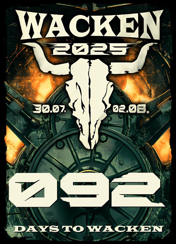 Das Logo des Wacken Open Air 2025, darunter in großer Schrift "92 days to Wacken."