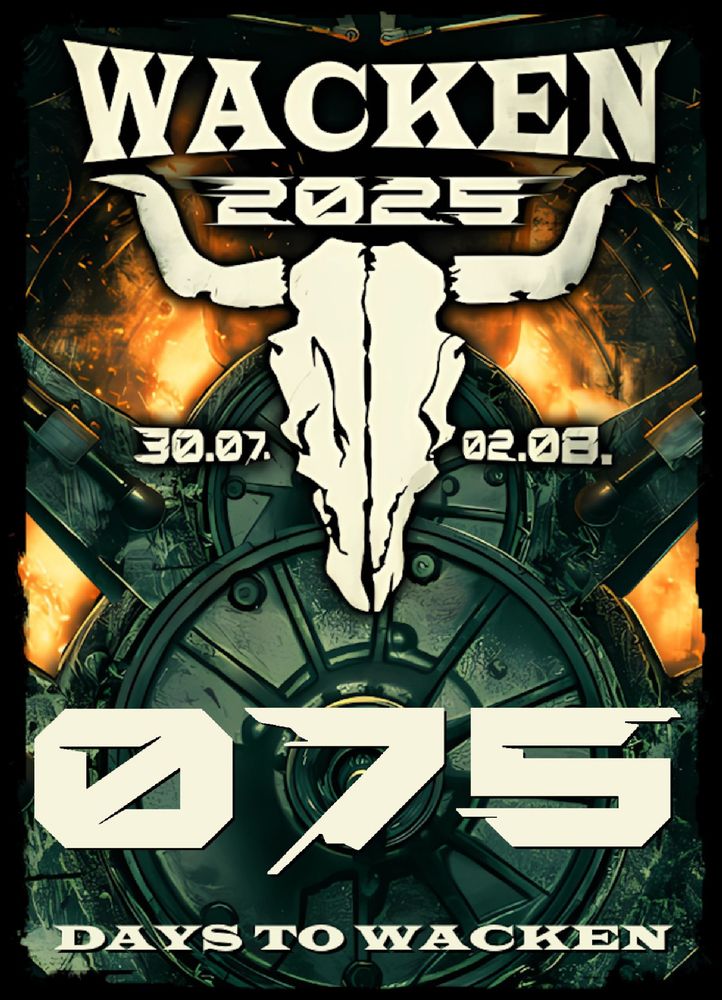 Das Logo des Wacken Open Air 2025, darunter in großer Schrift "75 days to Wacken."