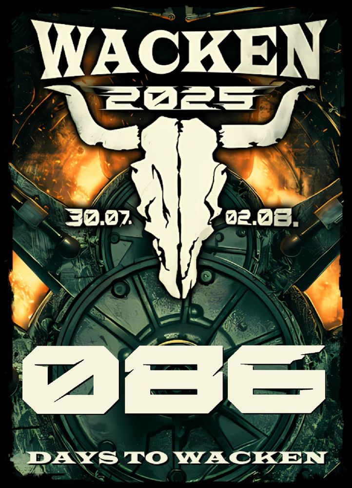 Das Logo des Wacken Open Air 2025, darunter in großer Schrift "86 days to Wacken."