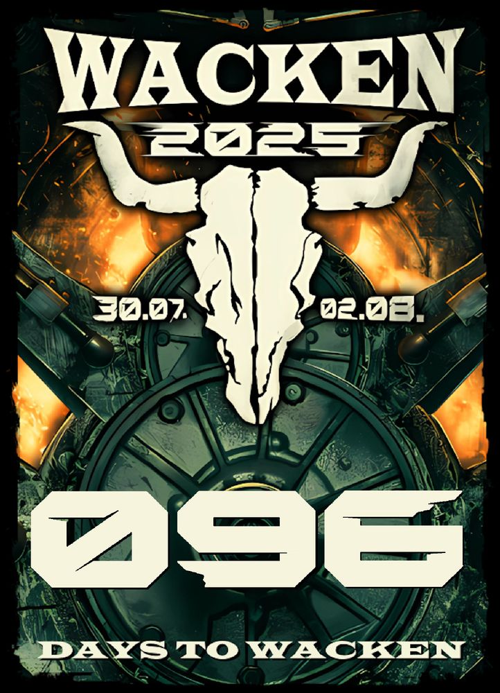 Das Logo des Wacken Open Air 2025, darunter in großer Schrift "96 days to Wacken."