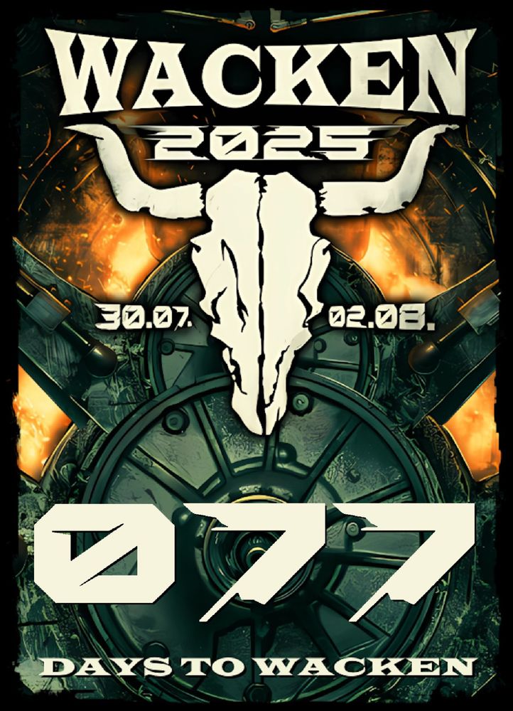 Das Logo des Wacken Open Air 2025, darunter in großer Schrift "77 days to Wacken."
