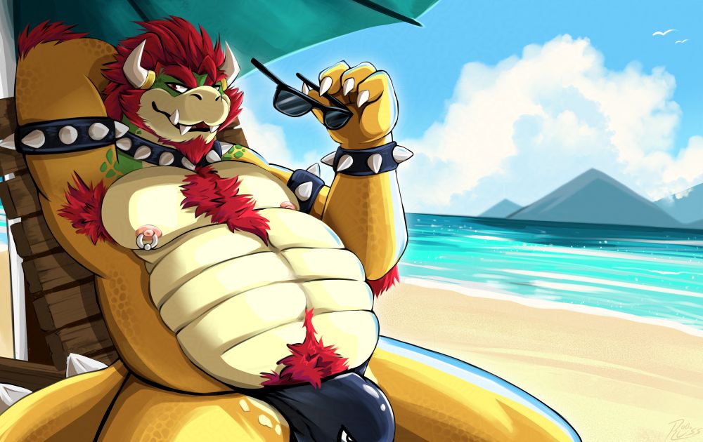 Dad Bowser on the beach relaxing on a wooden sun chair under an umbrella, he has one arm up behind his head and is taking his sunglasses off. 

#furryart #bowser #bowserday