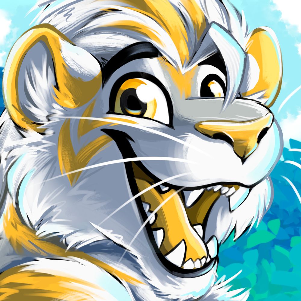 Painting of a white and silver tiger with gold stripes giving a big smile.