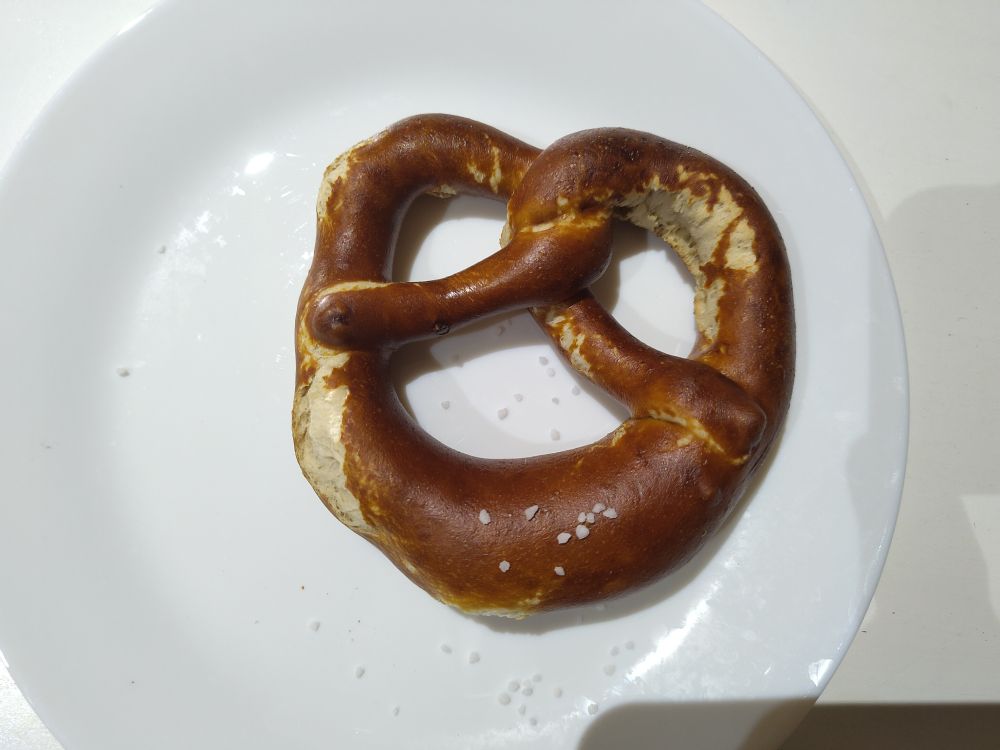 A brown Laugenbrezel bought in a German grocery store with coarse salt applied to the lower notably thicker part. The 