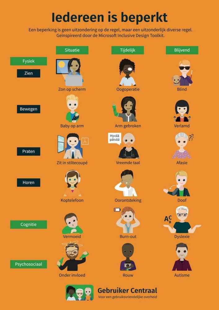 De poster laat 3 soorten beperkingen zien, met voorbeelden:

Situatie
Zon op scherm
Baby op arm
Zit in stiltecoupé
Koptelefoon
Vermoeid
Onder invloed

Tijdelijk
Oogoperatie
Arm gebroken
Vreemde taal
Oorontsteking
Burn-out
Rouw

Blijvend
Blind
Verlamd
Afasie
Doof
Dyslexie
Autisme