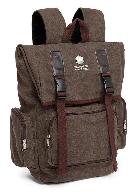 Light brown canvas backpack with three puches around the bottom, one on the front and one on either side. A Backpack of Holding logo is stiched to the top flap and has black plastic and brown brown fabric securing straps