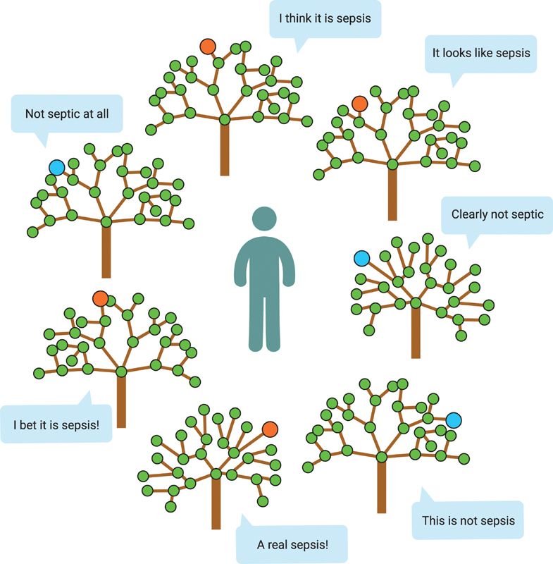 Stick figure surrounded by tree-like structures with speech bubbles about sepsis.