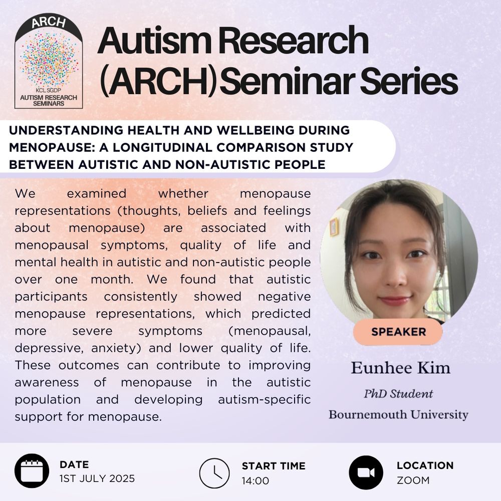 This is a poster advertising the Autism Research Seminar Series, or ARCH. The talk takes place on the first of July, 2025, at 2pm on Zoom. The talk speaker is Eunhee Kim, a PhD student from Bournemouth university. The talk title is: Understanding health and wellbeing during menopause: A longitudinal comparison study between autistic and non-autistic people. The abstract is: We examined whether menopause representations (thoughts, beliefs and feelings about menopause) are associated with menopausal symptoms, quality of life and mental health in autistic and non-autistic people over one month. We found that autistic participants consistently showed negative menopause representations, which predicted more severe symptoms (menopausal, depressive, anxiety) and lower quality of life. These outcomes can contribute to improving awareness of menopause in the autistic population and developing autism-specific support for menopause.