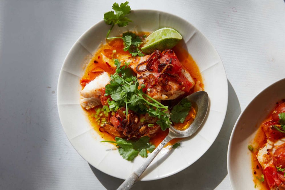 Tomato-Poached Fish With Chile Oil and Herbs Recipe