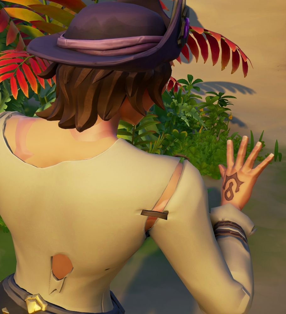 A pirate wearing a purple hat staring at the back of her hand, The back of the hand has a tattoo in the center in the shape of an anchor. 