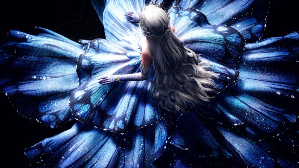Image is taken from a video game called Infinity Nikki. Female sitting down with dress spread out around her. The dress is blue, with butterfly wing patterns. Lighting is at the top of her shining downwards onto her white braided hair 