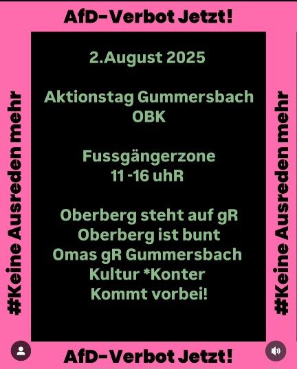 Info-Flyer: AfD-Verbot jetzt!
2.08.2025 Aktionstag Gummersbach OBK
Fußgängerzone 11-16 Uhr