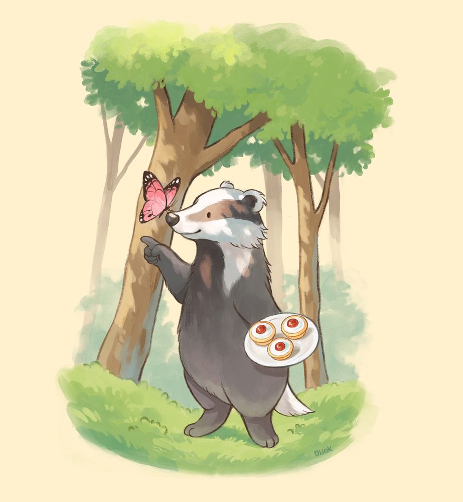 An adorable badger stands on two legs in the middle of the forest, holding his favorite sweets in one hand, while being visited by his butterfly friend