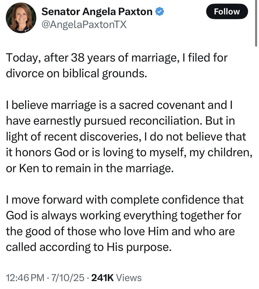 Angela Paxton saying she filed for divorce on biblical grounds
