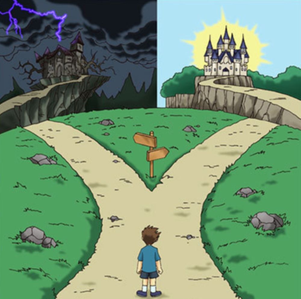 two paths, one to a treacherous cursed castle, another to a gleaming castle bathed in god's love 