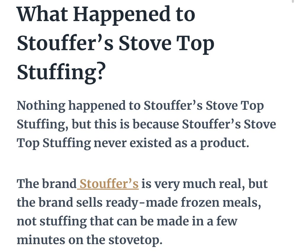 Stouffer’s stove top never existed. We’ve had a shared false memory