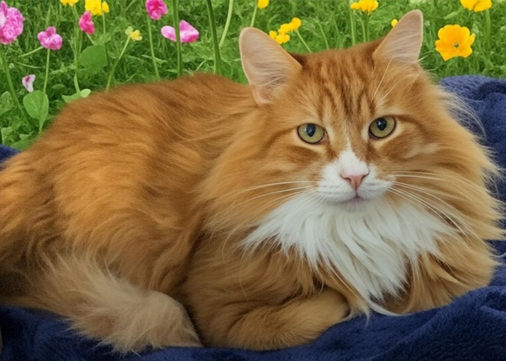 A fluffy orange cat with a white chest lounging on a blue blanket with a colorful flower garden background