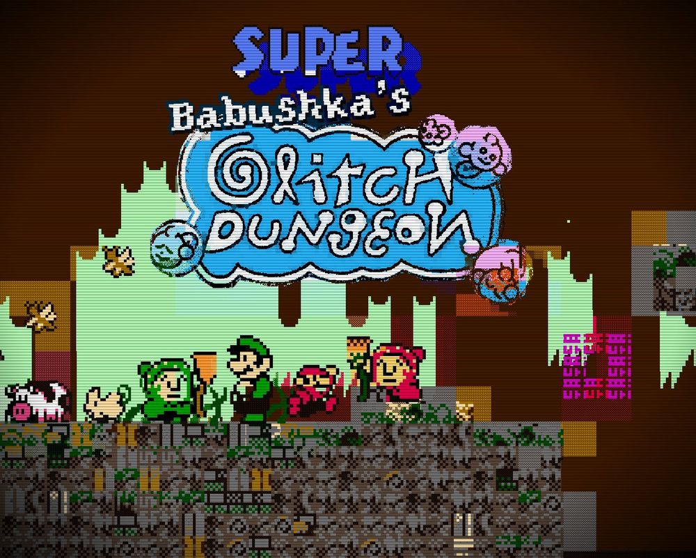 Screenshot of a pixel art game labeled "Super Babushka's Glitch Dungeon". 

Mario and Luigi stand in the center, looking at two Babushka's whose colors correspond to Mario & Luigi.  