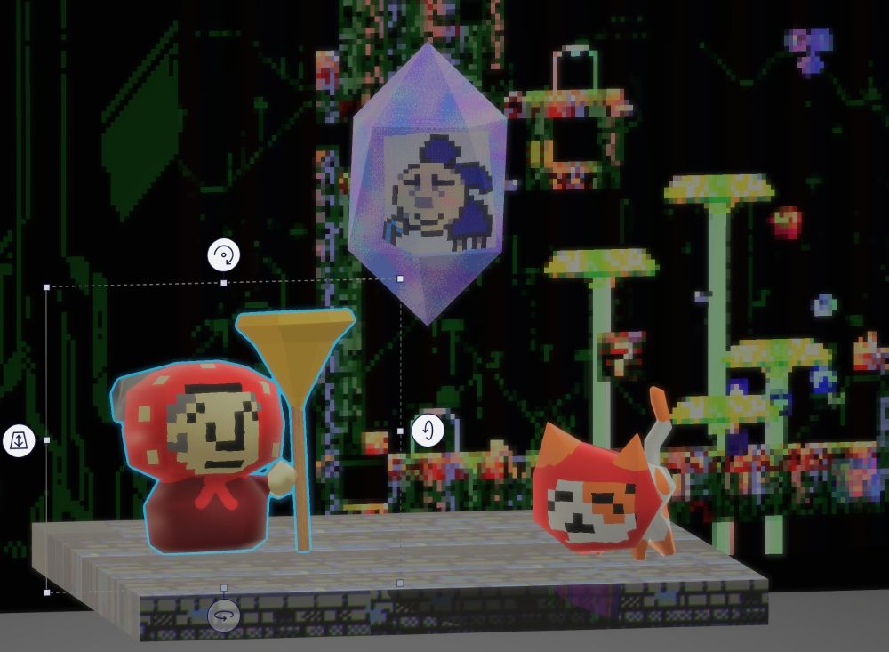 a very bad 3d rendering of pixel art grandma and cat character in a mushroom dungeon scene
