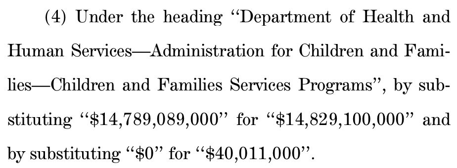 Under the heading ‘‘Department of Health and Human Services—Administration for Children and Families—Children and Families Services Programs’’, by substituting ‘‘$14,789,089,000’’ for ‘‘$14,829,100,000’’ and by substituting ‘‘$0’’ for ‘‘$40,011,000’’