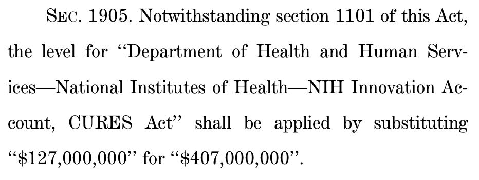 SEC. 1905. Notwithstanding section 1101 of this Act, the level for ‘‘Department of Health and Human Services—National Institutes of Health—NIH Innovation Account, CURES Act’’ shall be applied by substituting ‘‘$127,000,000’’ for ‘‘$407,000,000’’. 