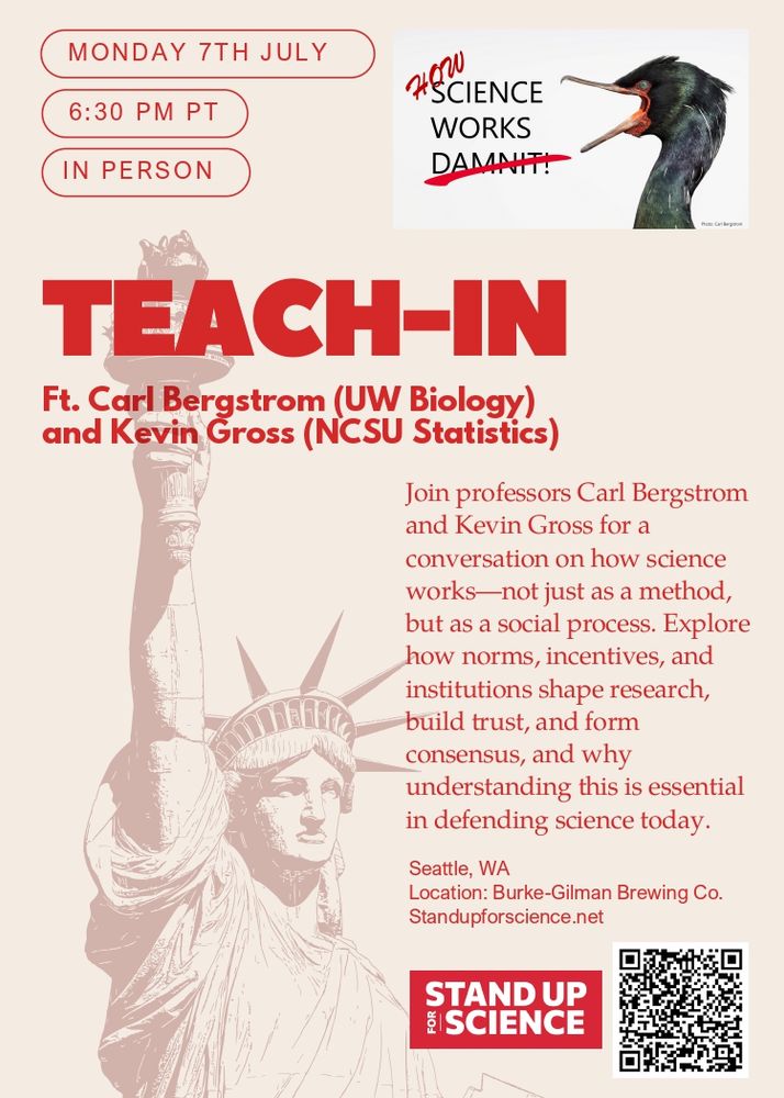 📣 Poster for a Stand Up for Science Teach-In on Monday, July 7th at 6:30 PM PT in Seattle, WA. Features bold red text “TEACH-IN” and includes guest speakers Carl Bergstrom (UW Biology) and Kevin Gross (NCSU Statistics). Discusses how science works as a social process shaped by norms and institutions. Statue of Liberty background and humorous image of a bird with caption "HOW science works, damnit!" Event held at Burke-Gilman Brewing Co. QR code and logo for StandUpForScience.net at bottom.